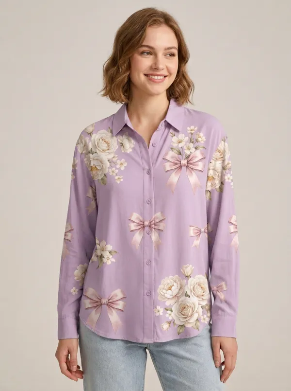 Women's Breast Cancer Awareness Floral Bow Printed Button-Down Shirt