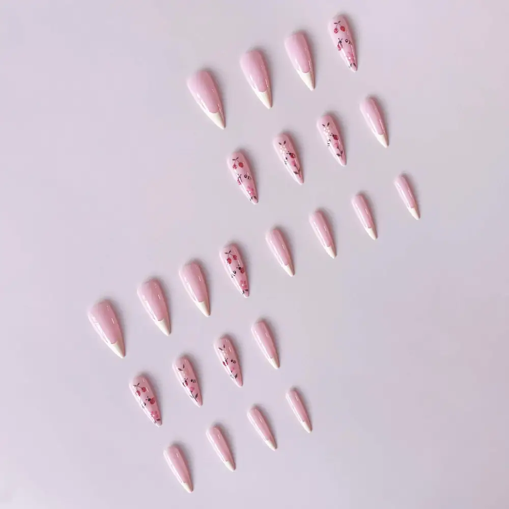 Nailhour 24Pcs French Long Stiletto Wild Strawberries Press On Nails