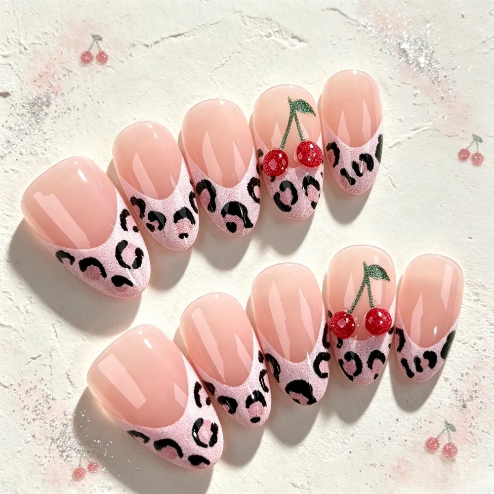 Nailhour 30Pcs Pink 3D French Short Almond Press On Nails