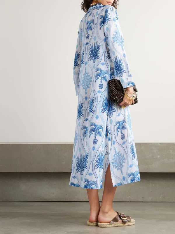 V-Neck Plant Print Midi Dress