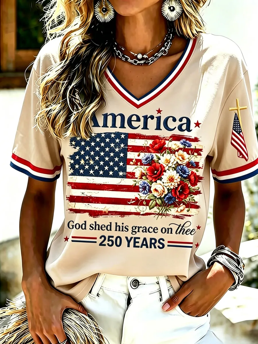 Women's Casual USA 250th Celebration Print Short Sleeve T-shirt