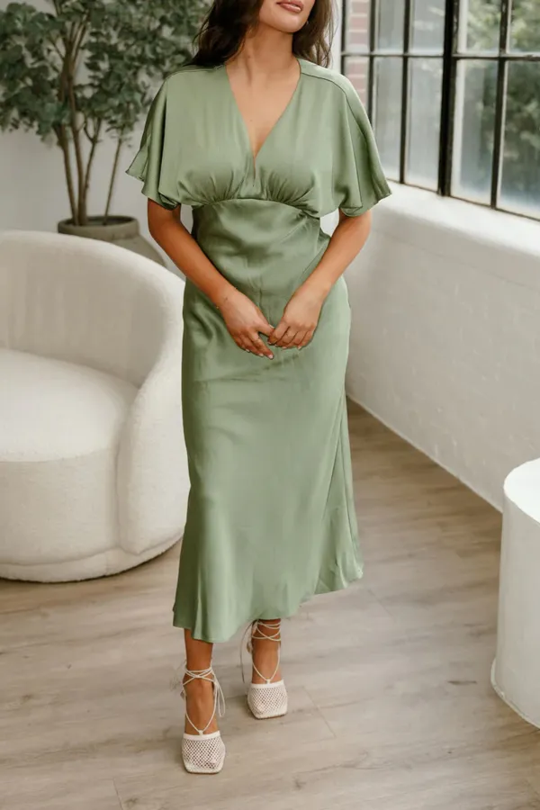 V-Neck Short Sleeve Satin Dress