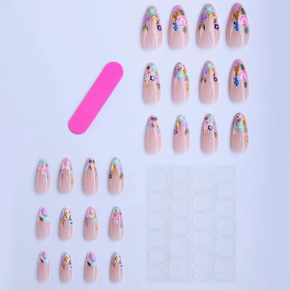 Nailhour 24Pcs Multicolor Floral Glitter Medium Almond Press On Nails