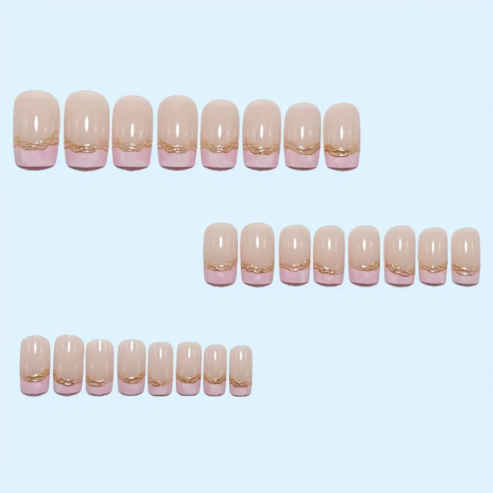 Nailhour 24Pcs Pink French Medium Coffin Gilded Press On Nails