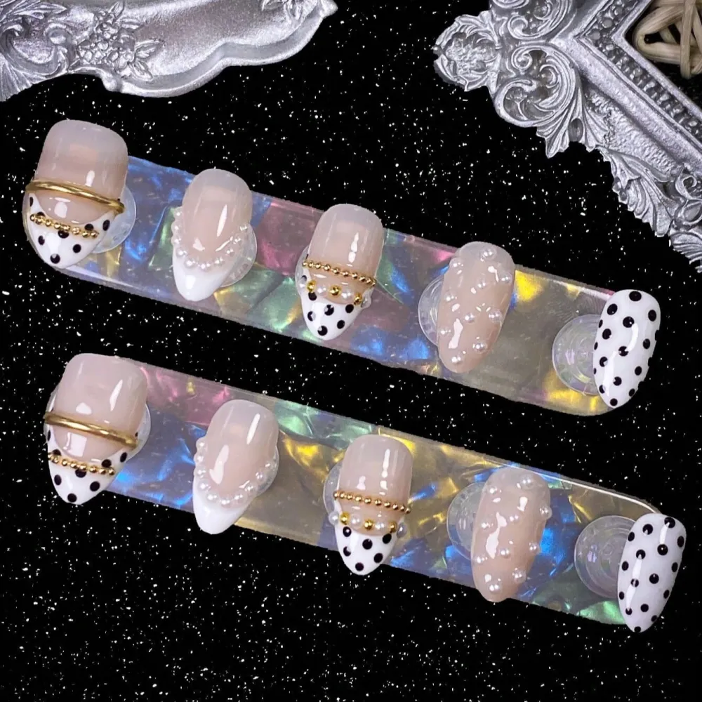 Nailhour 10Pcs Handmade French Medium Almond 3D Polka Dot Press On Nails
