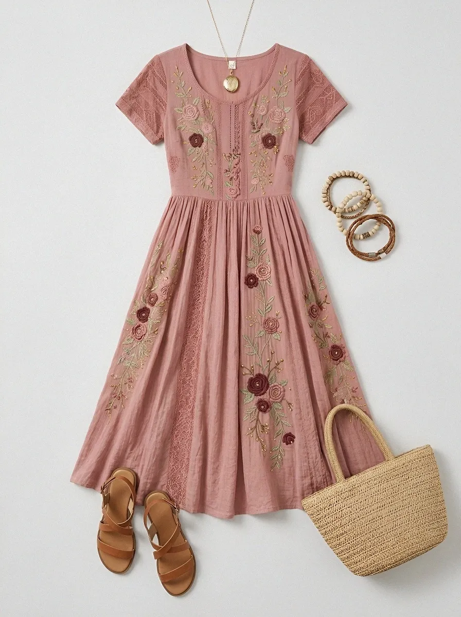 Women's Breast Cancer Awareness Floral Embroidered Printed Dress