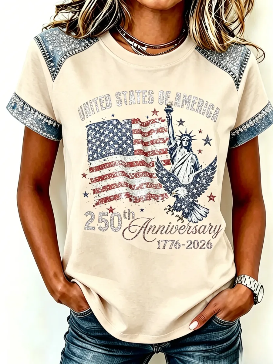 Women's 250th Anniversary Sparkling Diamond Cowboy Printed Splicing T-shirt