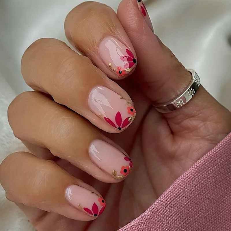 Nailhour 24Pcs Vintage Floral Short Squoval Press On Nails