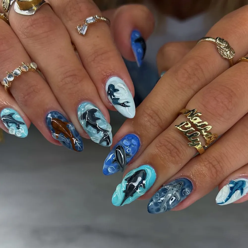 Nailhour 24Pcs Ocean 3D Medium Almond Shark Fish Press On Nails