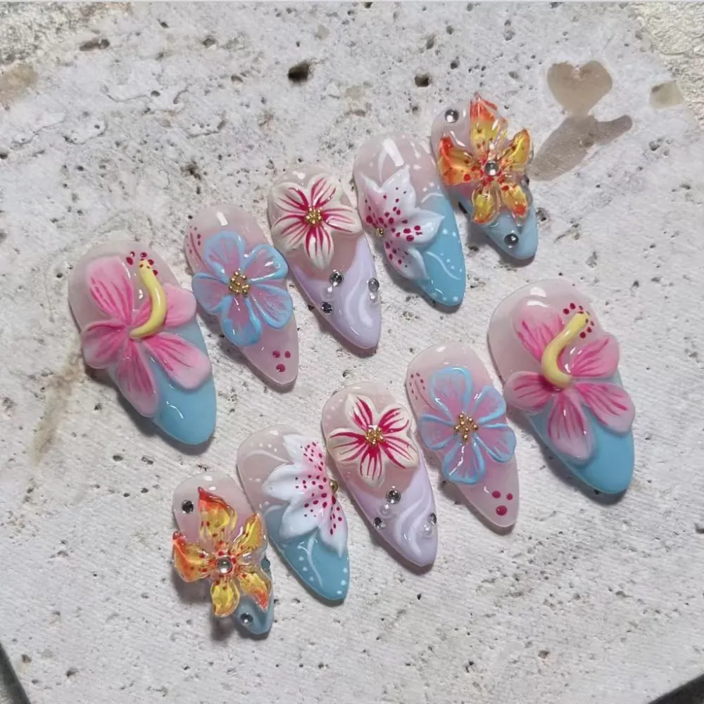 Nailhour Summer 3D Pink Blue Floral 24Pcs French Press On Nails