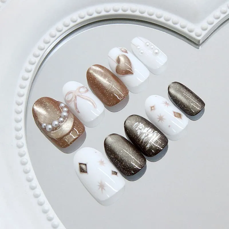 Nailhour 30Pcs Cat Eye Medium Oval French 3D Multicolor Press On Nails