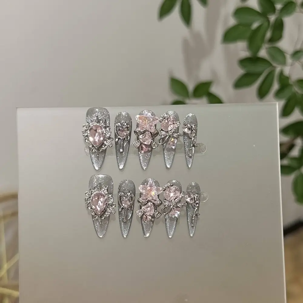 Nailhour 10Pcs Handmade Cat Eye Floral Rhinestone Long Stiletto Press On Nails