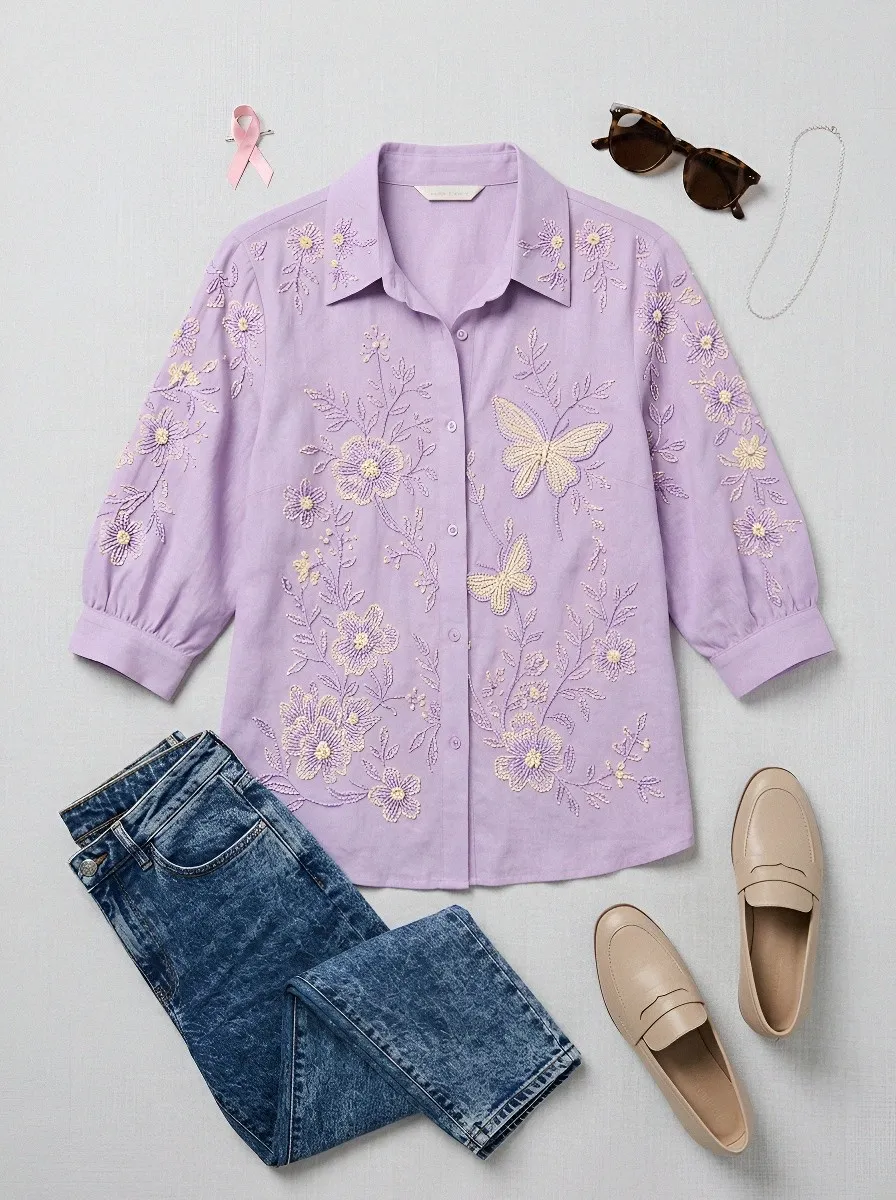 Women's Breast Cancer Awareness Butterfly Floral Beaded Printed Shirt