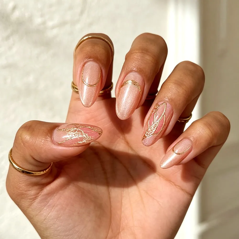 Nailhour 30Pcs Cat Eye Nude 3D Medium Almond French Press On Nails