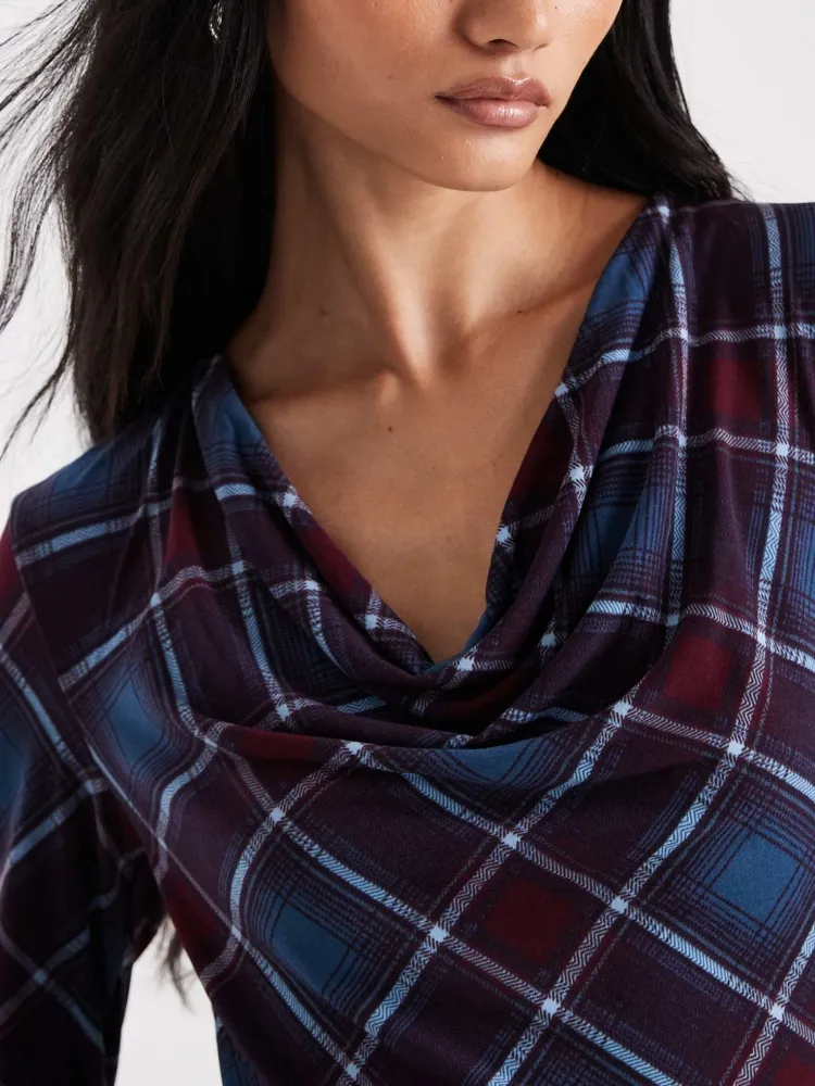 Plaid Cowl Neck Long Sleeve Dress