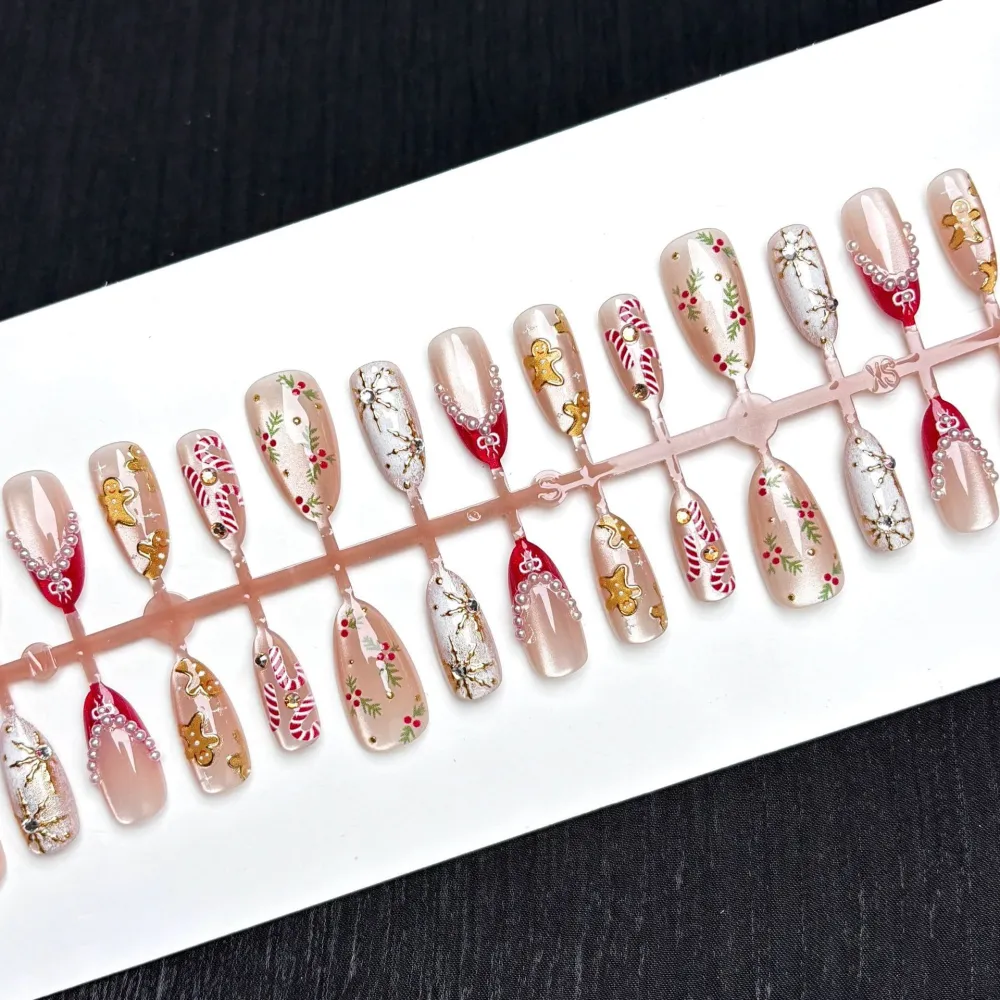Nailhour 30Pcs Gingerbread Man Christmas Medium Almond French Press On Nails