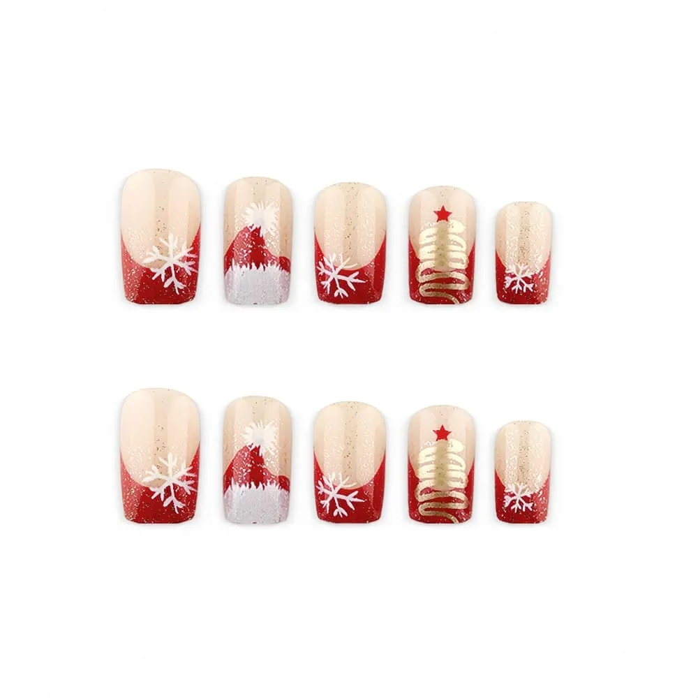 Nailhour 24Pcs Snowflake Medium Square Red French Press On Nails