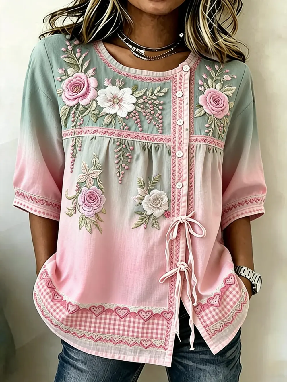 Women's casual floral cotton linen short sleeved shirt