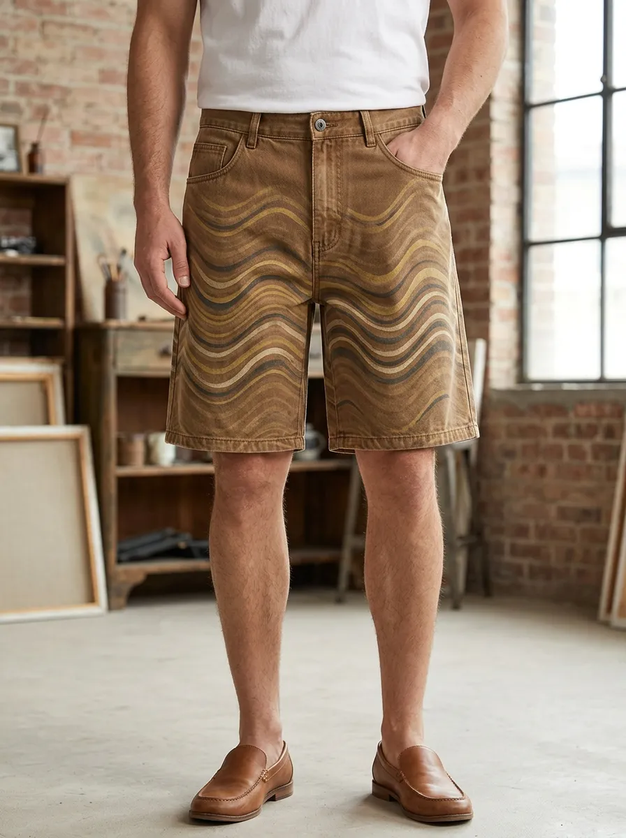 Men's Abstract Wave Denim Shorts