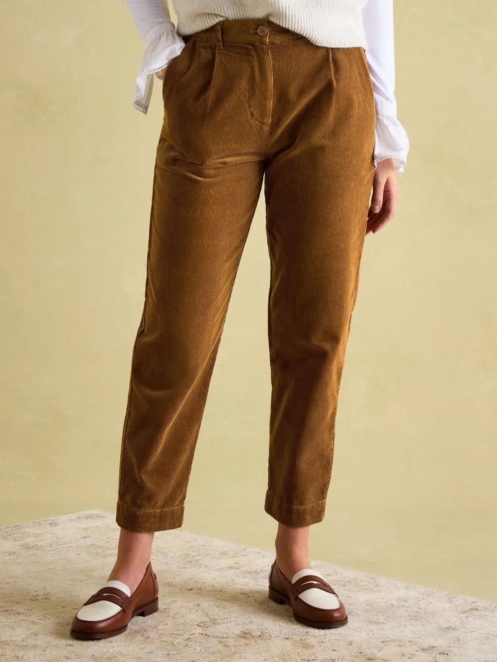 Casual Style Brown Corduroy Tapered Trousers