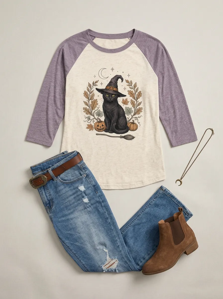 Women's Halloween Cat Witch Pumpkin Printed Raglan T-shirt