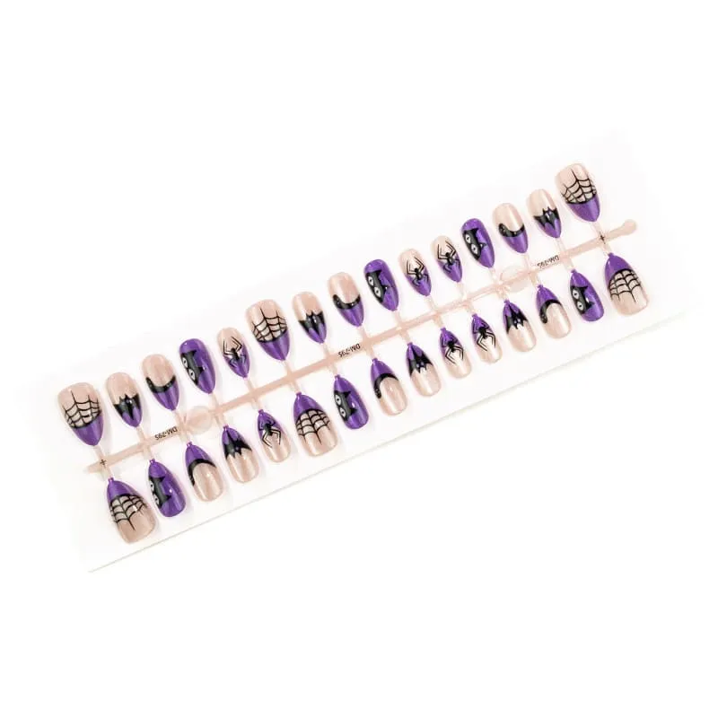 Nailhour 30Pcs French Cat Eye Short Almond Purple Cat Spider Halloween Press On Nails