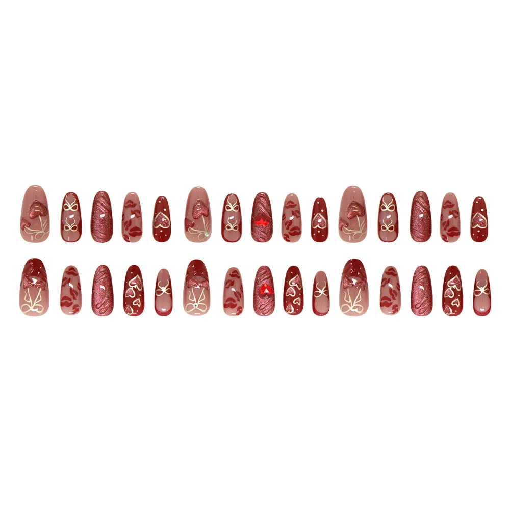 Nailhour Cat Eye Heart Cherry Bow 3D 30Pcs Handmade Red Press On Nails