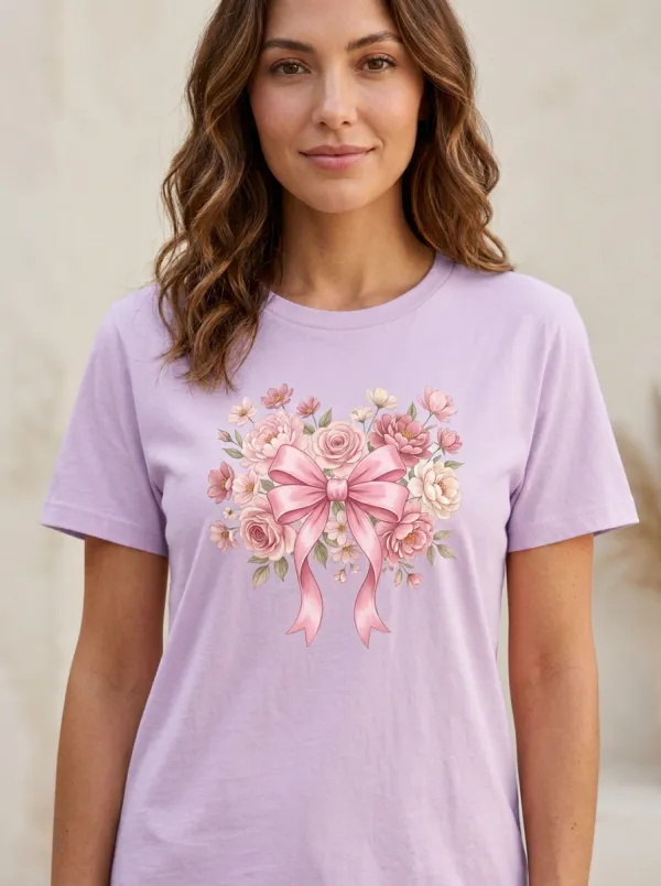 Women's Breast Cancer Awareness Floral Bow Printed T-shirt
