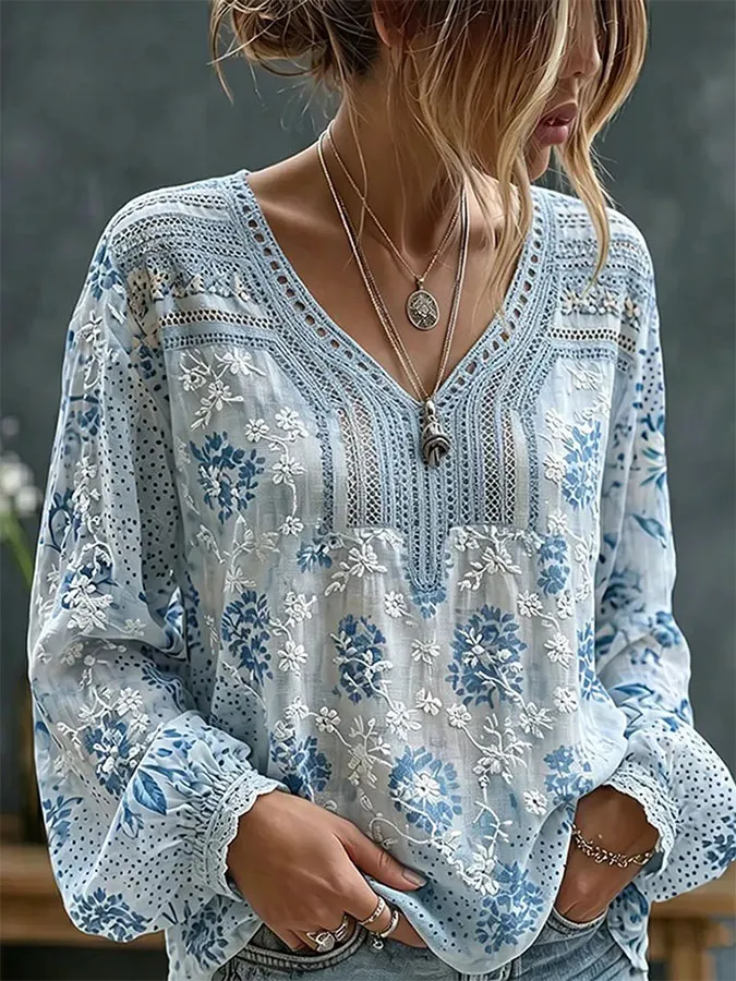 Women'S Casual Plant Printed Long Sleeved Shirt