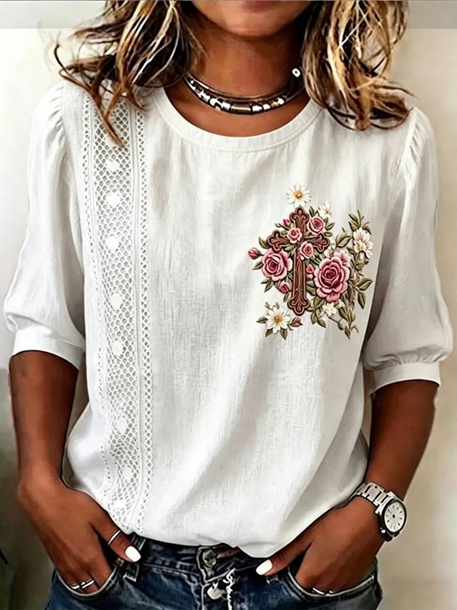 Women'S Cotton And Linen Floral Print Top
