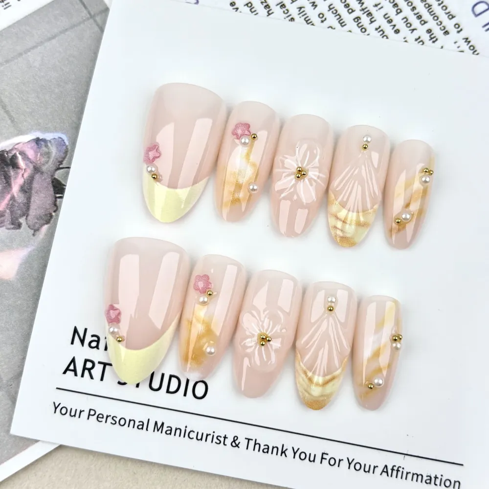 Nailhour 30Pcs Floral 3D Medium Almond French Press Yellow On Nails