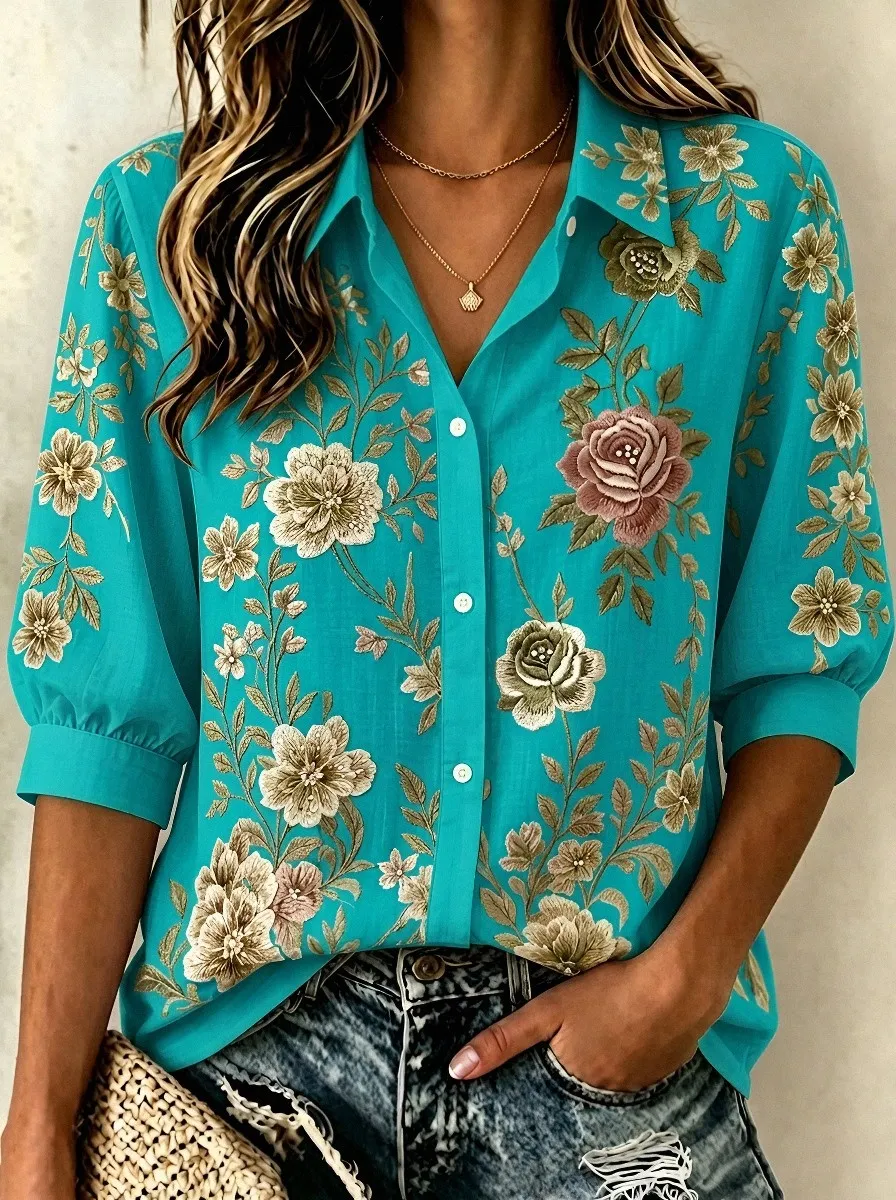 Women's Breast Cancer Awareness Floral Rose Printed Button-up Shirt