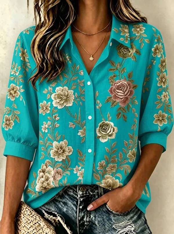 Women's Breast Cancer Awareness Floral Rose Printed Button-up Shirt