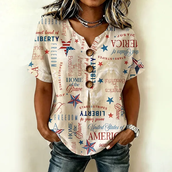 Women's Casual Patriot Cotton Linen Short-Sleeve Button-Up Shirt