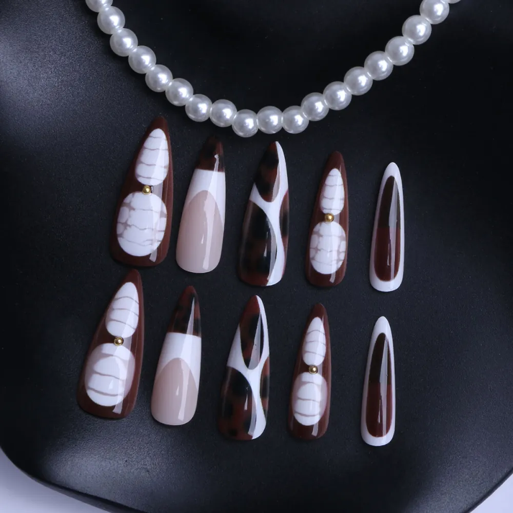 Nailhour 24Pcs French Gilded Long Almond Press On Nails