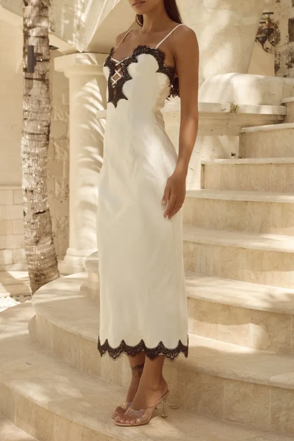 Lace Trimmed Contrast Midi Dress