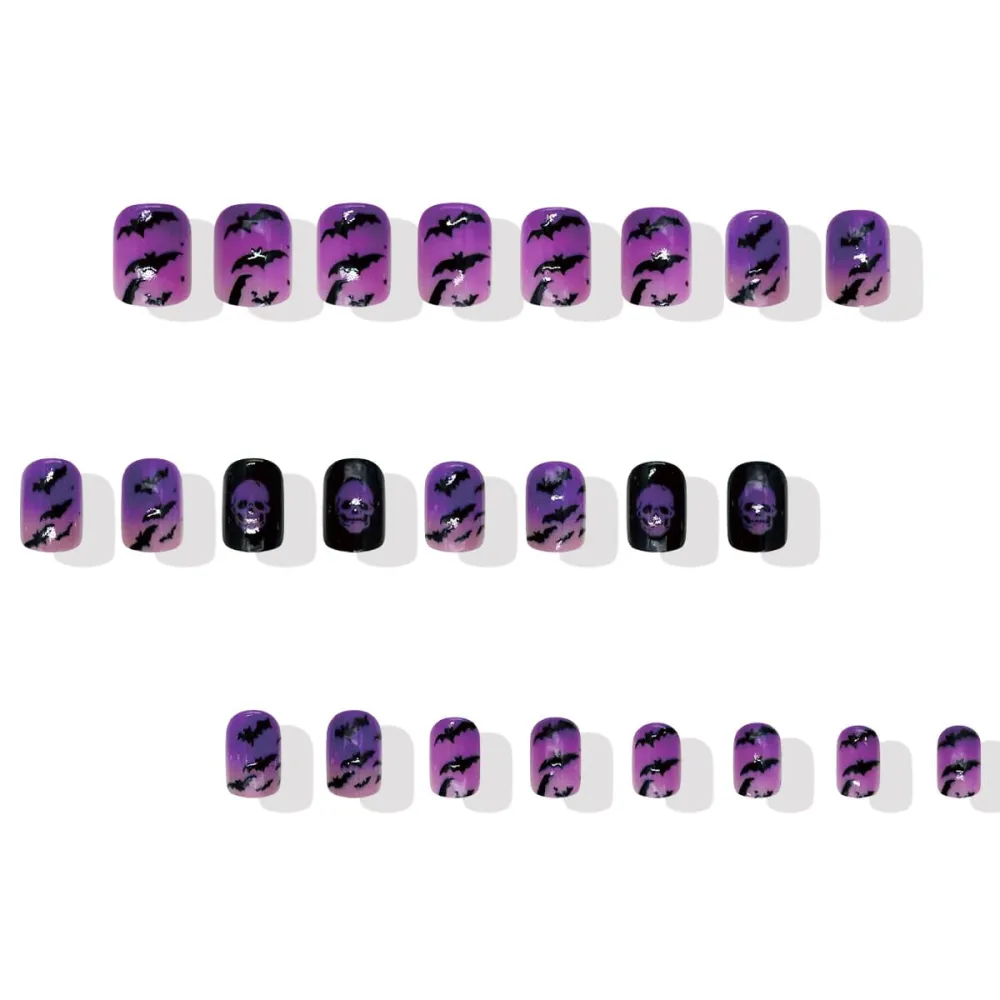 Nailhour 24Pcs Skeleton Spider Purple Halloween Short Squoval Press On Nails
