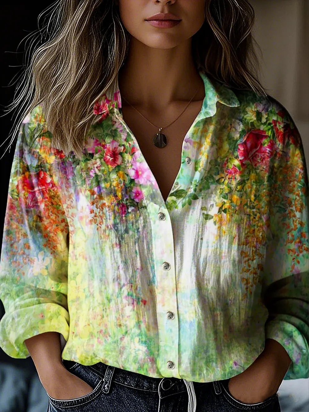 Women's Floral Printed Pattern Shirt Lapel Shirt