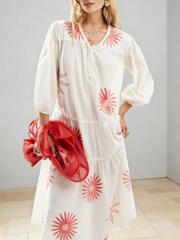 Tiered Sun Print V-Neck Dress