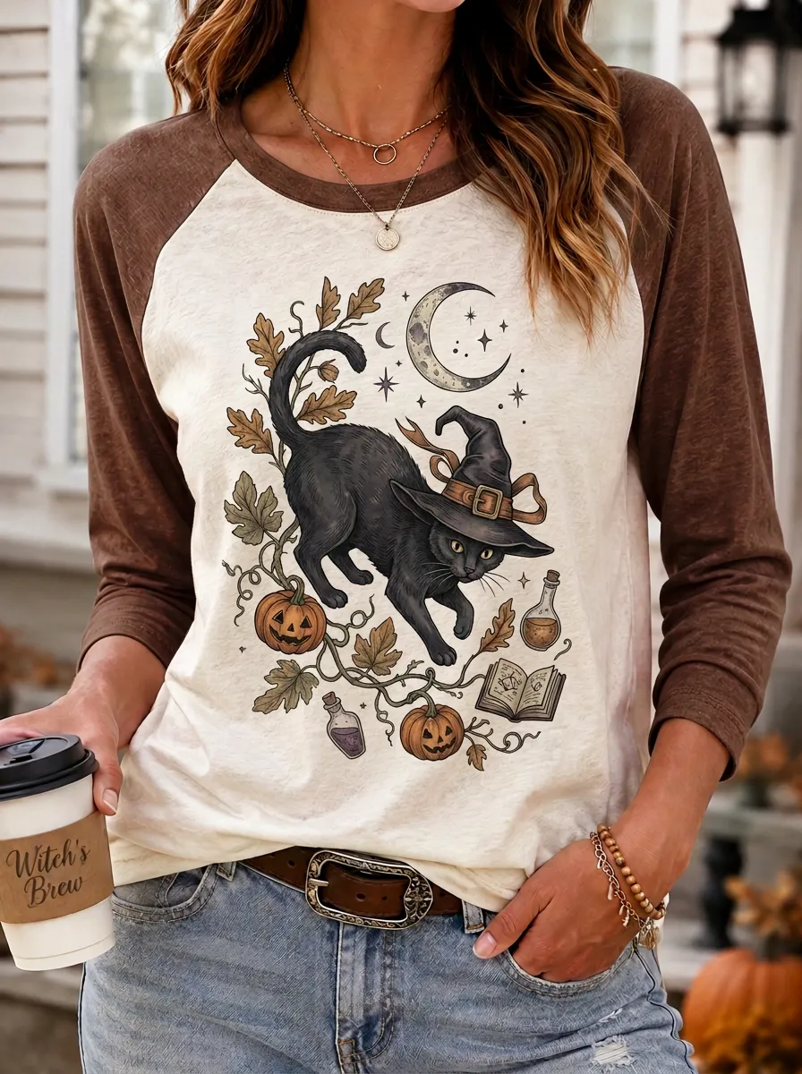 Women's Halloween Witch Cat Pumpkin Moon Printed Raglan T-shirt
