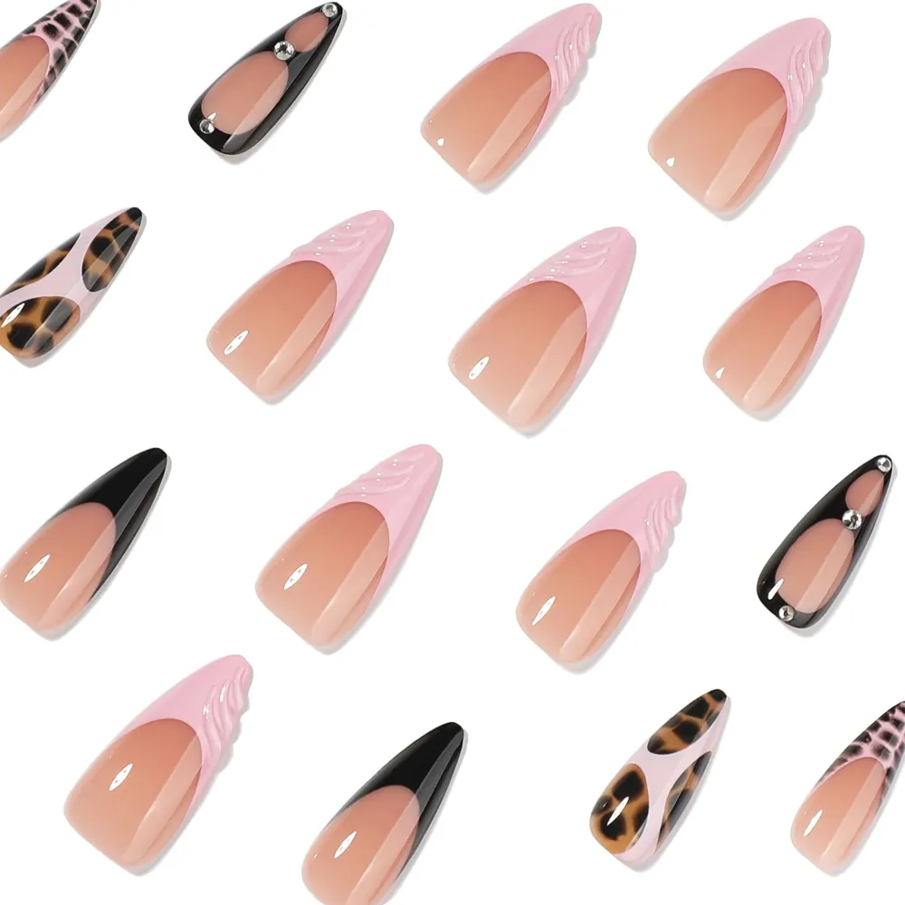 Nailhour 24Pcs Party French Gilded Medium Stiletto Press On Nails