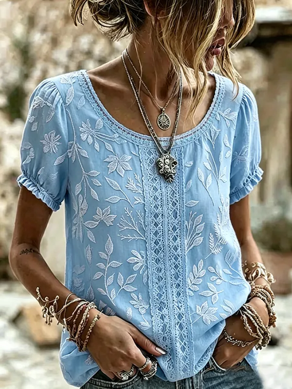 Women's Boho Floral Patchwork Embroidered Puff Sleeve Top