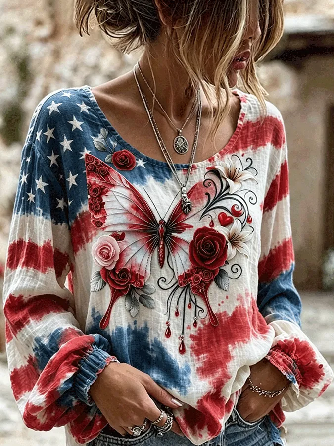 Women's Tie-Dye American Flag Butterfly Floral Long Sleeve Blouse
