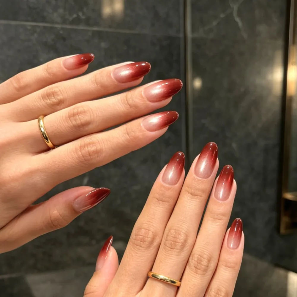 Nailhour 30Pcs Red Medium Almond Gradient French Press On Nails
