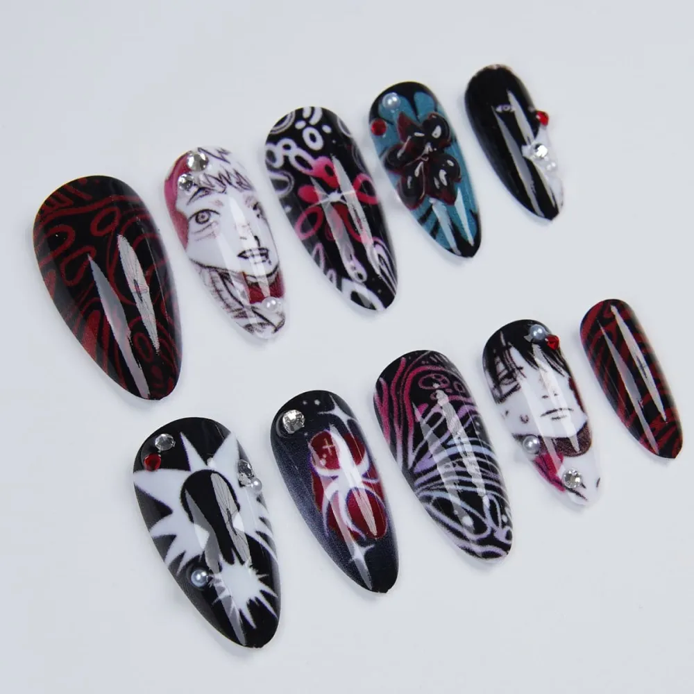 Nailhour 24Pcs Dark Gothic Rhinestone Multicolor Medium Almond Press On Nails