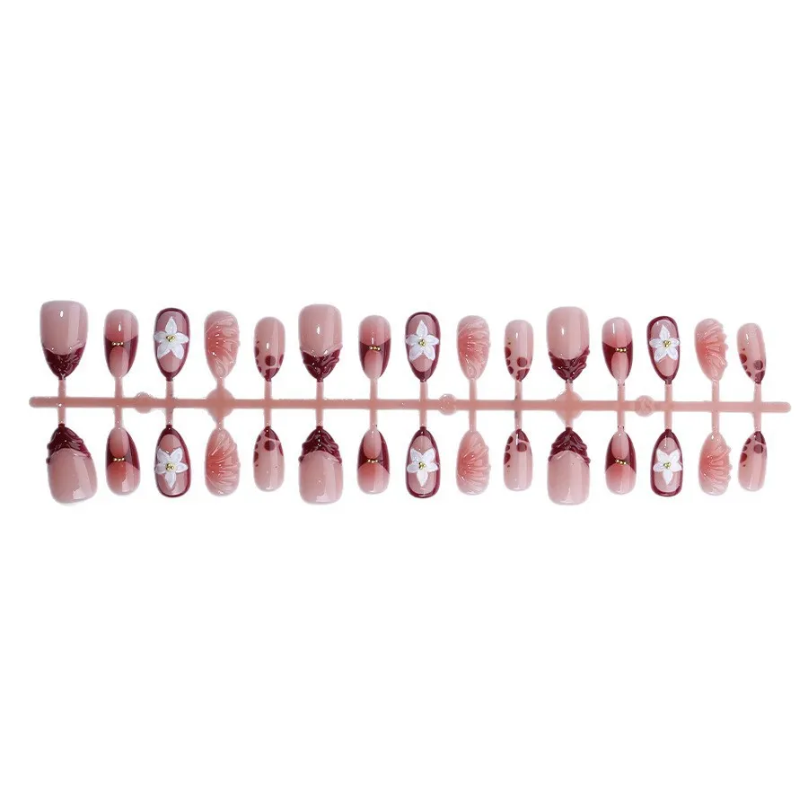 Nailhour 30Pcs Brown Floral 3D Resin Medium Almond Press On Nails