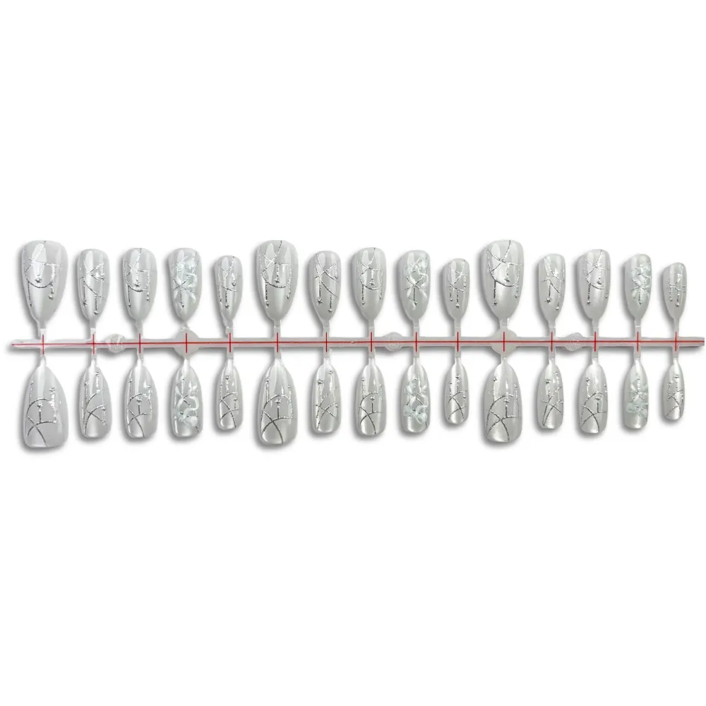 Nailhour 30Pcs White Cat Eye Gilded Medium Almond Cute Press On Nails