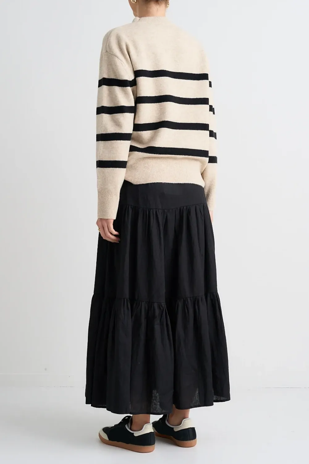 Black Tiered Linen Midi Skirt