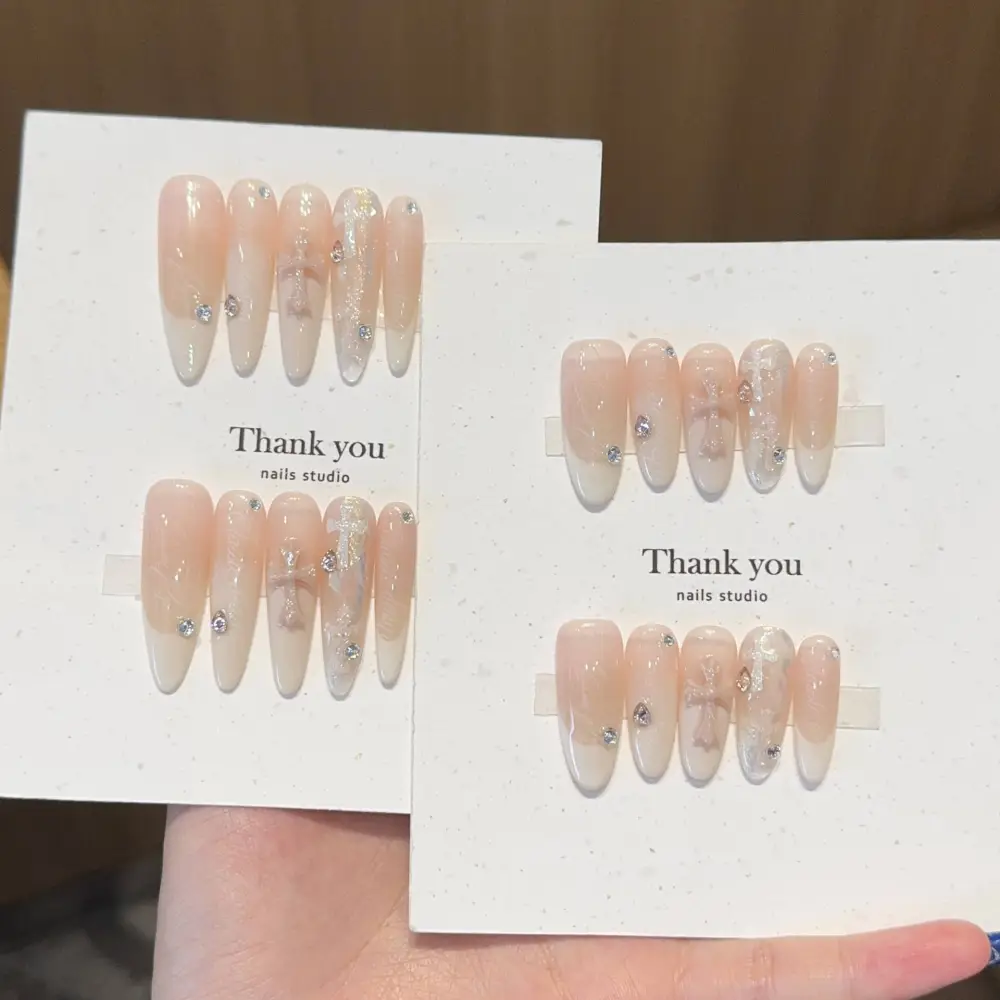 Nailhour 10Pcs 3D Resin Long Almond French Press On Nails
