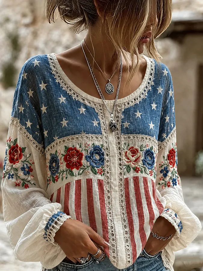 Women's Vintage American Flag Floral Art Cotton-Linen Shirt